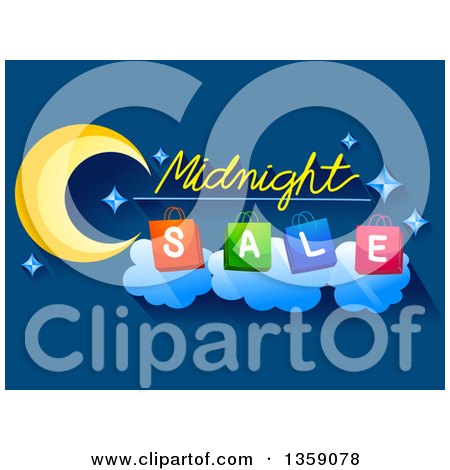 Clipart of a Midnight Sale Design with a Crescent Moon and Shopping Bags on Blue - Royalty Free Vector Illustration by BNP Design Studio