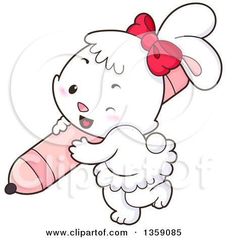 Clipart of a Cute White Female Bunny Rabbit Wearing a Red Bow and Carrying a Pink Marker - Royalty Free Vector Illustration by BNP Design Studio