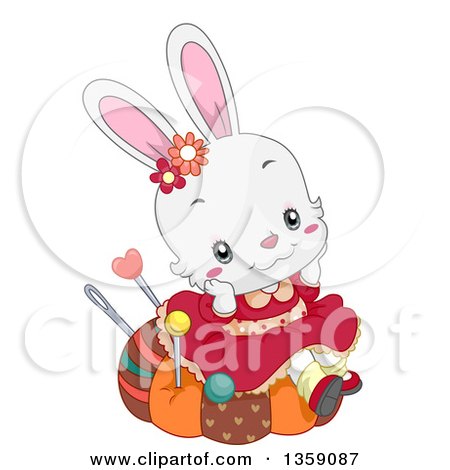 Clipart of a Cute White Female Bunny Rabbit Sitting on a Pin Cushion and Daydreaming - Royalty Free Vector Illustration by BNP Design Studio