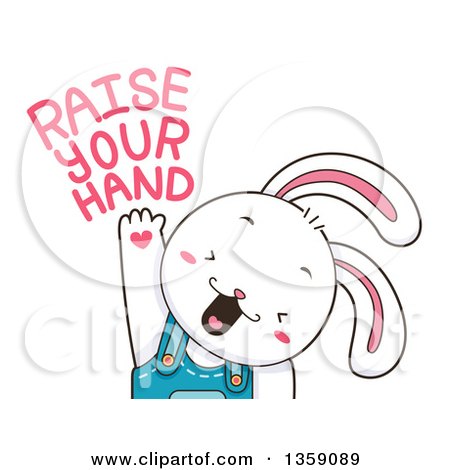 Clipart of a Cute White Bunny Rabbit Boy Student Raising His Hand with Text - Royalty Free Vector Illustration by BNP Design Studio