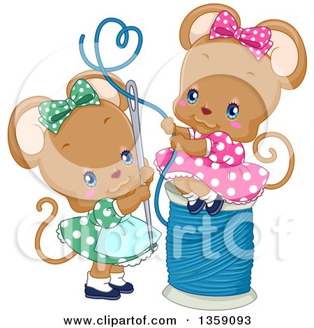Clipart of Cute Female Mice Threading a Needle, with a Heart Loop - Royalty Free Vector Illustration by BNP Design Studio