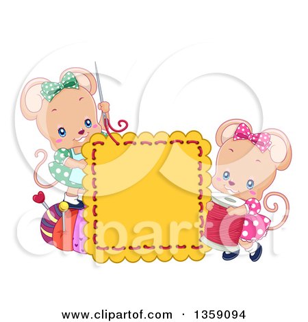 Clipart of Cute Female Mice Sewing a Square - Royalty Free Vector Illustration by BNP Design Studio