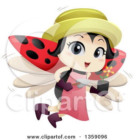 Clipart of a Gardening Ladybug Flying with a Potted Flower and Trowel - Royalty Free Vector Illustration by BNP Design Studio
