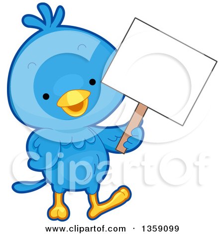 Clipart of a Happy Blue Bird Holding a Blank Sign - Royalty Free Vector Illustration by BNP Design Studio