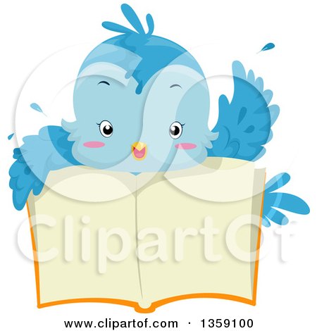 Clipart of a Cute Bluebird Waving over an Open Book - Royalty Free Vector Illustration by BNP Design Studio