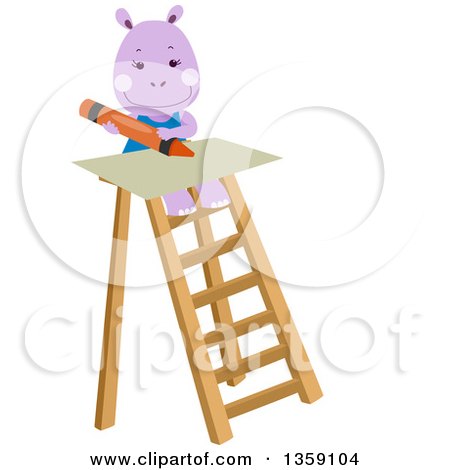 Clipart of a Happy Purple Hippo Using a Craon on Top of a Ladder - Royalty Free Vector Illustration by BNP Design Studio