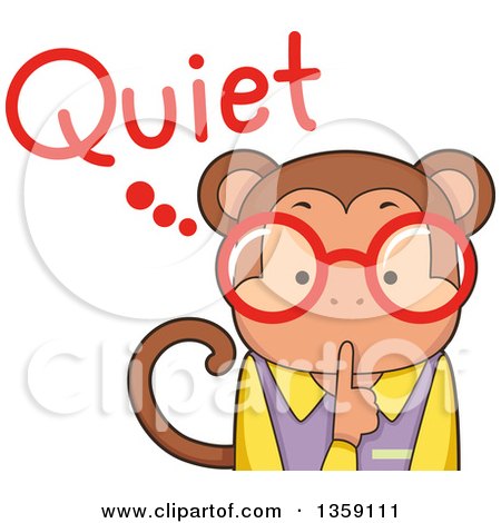 Clipart of a Bespectacled Monkey Teacher Shushing with Quiet Text - Royalty Free Vector Illustration by BNP Design Studio
