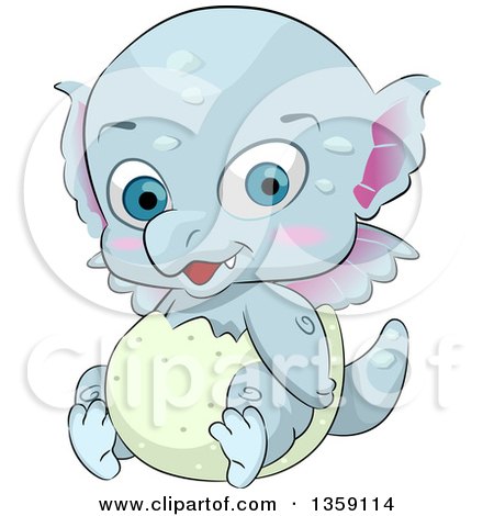 Clipart of a Cute Blue Baby Dragon Hatching from an Egg - Royalty Free Vector Illustration by BNP Design Studio