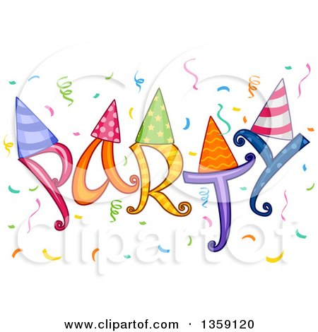 Clipart of Colorful Party Text with Hats and Confetti - Royalty Free Vector Illustration by BNP Design Studio