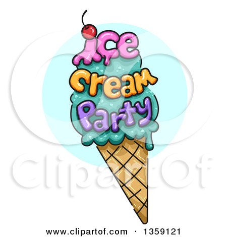 Clipart of a Waffle Cone with Ice Cream Party Text over a Blue Circle - Royalty Free Vector Illustration by BNP Design Studio