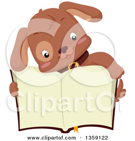 Clipart of a Cute Brown Puppy Dog over an Open Book - Royalty Free Vector Illustration by BNP Design Studio