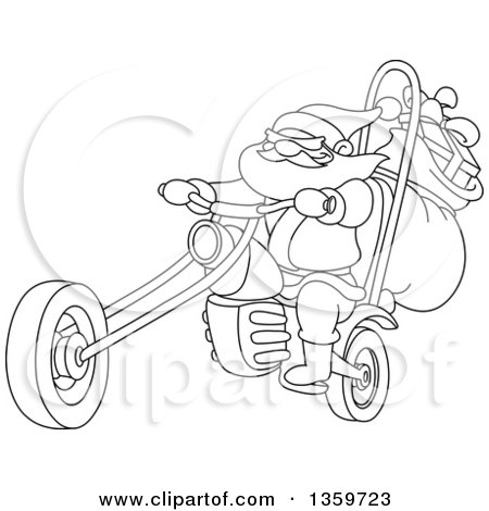 Clipart of a Cartoon Black and White Lineart Christmas Santa Biker on a Chopper Motorcycle - Royalty Free Vector Illustration by yayayoyo