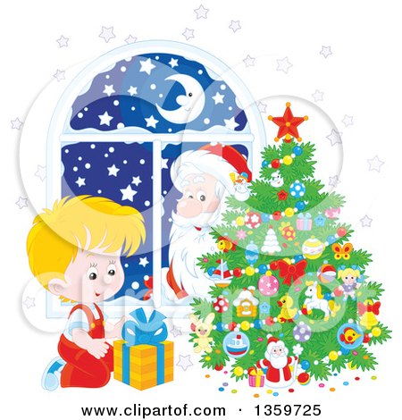 Clipart of a Santa Claus Peeking in a Window, Watching a Blond Caucasian Boy Smile at a Gift by a Christmas Tree - Royalty Free Vector Illustration by Alex Bannykh