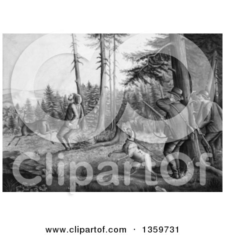 Historical Charcoal Drawing of Grayscale Men and a Dog Deer Hunting, One Man Getting Stickers in His Butt After Being Kicked by a Buck - Royalty Free Illustration by JVPD