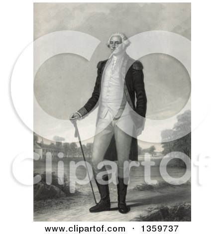 Historical Engraving of George Washington Standing in a Landscape with Mount Vernon in the Background - Royalty Free Illustration by JVPD