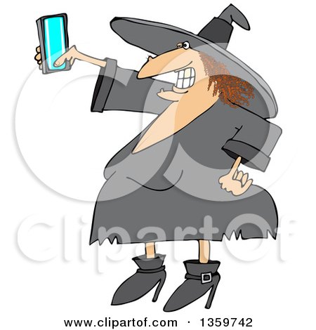 Clipart of a Cartoon Red Haired Chubby Witch Taking a Selfie with a Cell Phone - Royalty Free Vector Illustration by djart