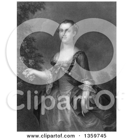 Historical Illustration of a Grayscale Steel Engraving of Martha Washington As a Young Lady, 1843 - Royalty Free Illustration by JVPD