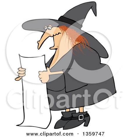 Clipart of a Cartoon Red Haired Chubby Witch Reading a Long List - Royalty Free Vector Illustration by djart