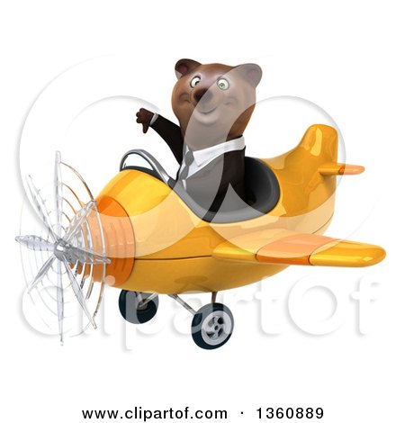 3d Brown Business Bear Aviator Pilot Giving a Thumb down and Flying a