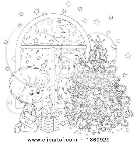 Clipart of a Cartoon Black and White Santa Claus Peeking in a Window, Watching a Boy Smile at a Gift by a Christmas Tree - Royalty Free Vector Illustration by Alex Bannykh