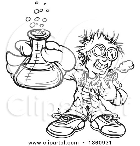 Clipart of a Happy Black and White Lineart Scientist Boy Holding a Flask and Test Tube - Royalty Free Vector Illustration by Chromaco
