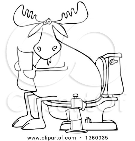 Clipart of a Cartoon Black and White Moose Reading a Newspaper on a Toilet - Royalty Free Vector Illustration by djart