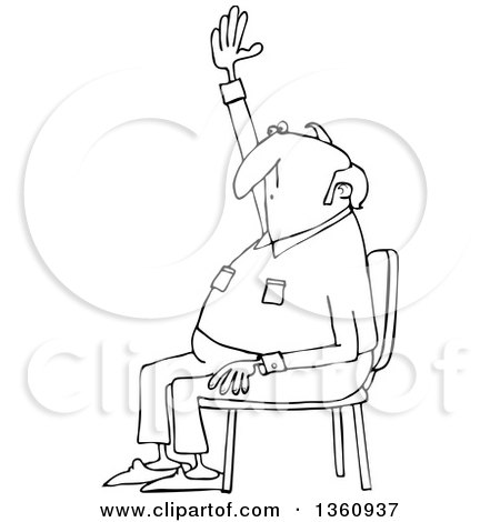 Clipart of a Cartoon Black and White Nearly Bald Man Sitting in a Chair and Raising His Hand to Ask a Question - Royalty Free Vector Illustration by djart