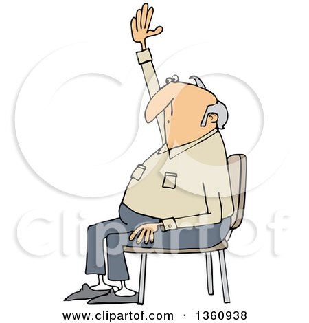 Clipart of a Cartoon Nearly Bald White Man Sitting in a Chair and Raising His Hand to Ask a Question - Royalty Free Vector Illustration by djart