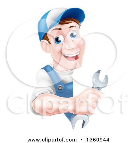 Clipart of a Happy Middle Aged Brunette Caucasian Mechanic Man in Blue, Wearing a Baseball Cap, Holding a Wrench Around a Sign - Royalty Free Vector Illustration by AtStockIllustration