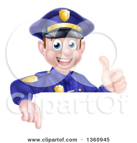 Clipart of a Cartoon Happy Caucasian Male Police Officer Giving a Thumb up and Pointing down over a Sign - Royalty Free Vector Illustration by AtStockIllustration