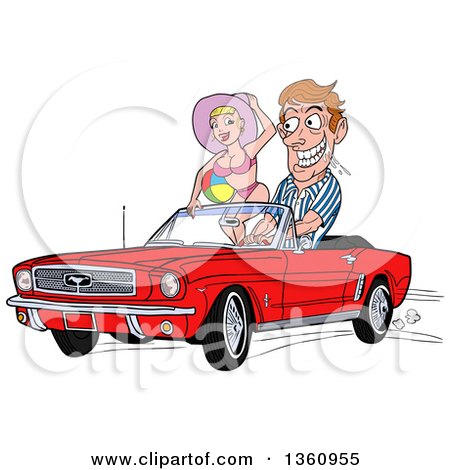 Clipart of a Cartoon Caucasian Man Drooling and Driving a Red Convertible 64 Ford Mustang with a Beach Babe in the Passenger Seat - Royalty Free Vector Illustration by LaffToon