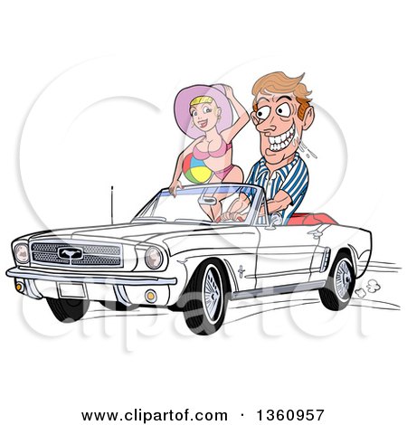 Clipart of a Cartoon Caucasian Man Drooling and Driving a White Convertible 64 Ford Mustang with a Beach Babe in the Passenger Seat - Royalty Free Vector Illustration by LaffToon