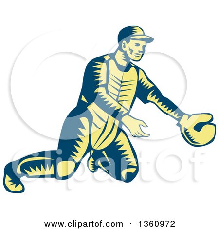 Clipart of a Retro Woodcut Blue and Yellow Baseball Catcher in Action - Royalty Free Vector Illustration by patrimonio