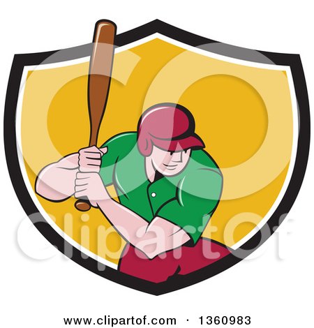 Clipart of a Cartoon White Male Baseball Player Athlete Batting in a Black White and Yellow Shield - Royalty Free Vector Illustration by patrimonio