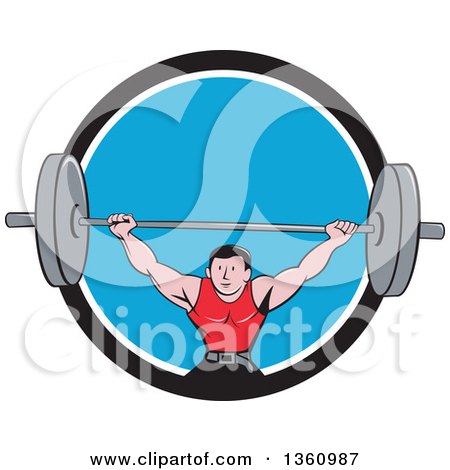 Clipart of a Retro Cartoon White Strongman Bodybuilder Lifting a Barbell over His Head, and Doing Squats, Emerging from a Black White and Blue Circle - Royalty Free Vector Illustration by patrimonio