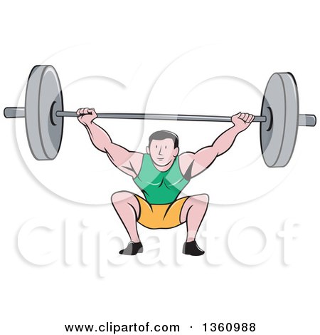 Clipart of a Retro Cartoon White Strongman Bodybuilder Lifting a Barbell over His Head and Doing Squats - Royalty Free Vector Illustration by patrimonio