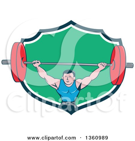 Clipart of a Retro Cartoon White Strongman Bodybuilder Lifting a Barbell over His Head, and Doing Squats, Emerging from a Navy Blue, White and Green Shield - Royalty Free Vector Illustration by patrimonio