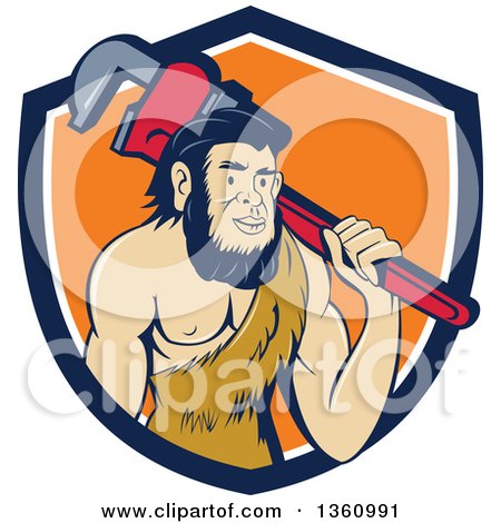 Clipart of a Cartoon Neanderthal Caveman Plumber Holding a Monkey Wrench over His Shoulder in a Blue White and Orange - Royalty Free Vector Illustration by patrimonio