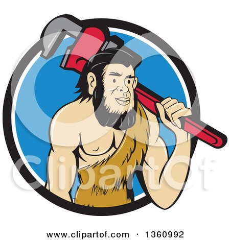 Clipart of a Cartoon Neanderthal Caveman Plumber Holding a Monkey Wrench over His Shoulder in a Blue and White Circle - Royalty Free Vector Illustration by patrimonio
