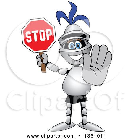 Clipart of a Lancer School Mascot Gesturing and Holding a Stop Sign - Royalty Free Vector Illustration by Mascot Junction