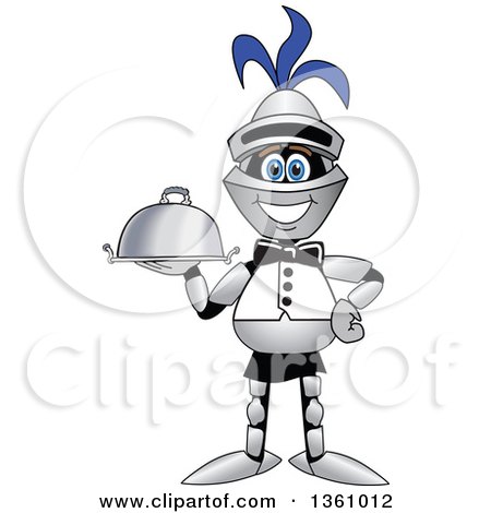 Clipart of a Lancer School Mascot Waiter Holding a Cloche Platter - Royalty Free Vector Illustration by Mascot Junction