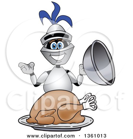 Clipart of a Lancer School Mascot Serving a Roasted Thanksgiving Turkey - Royalty Free Vector Illustration by Mascot Junction