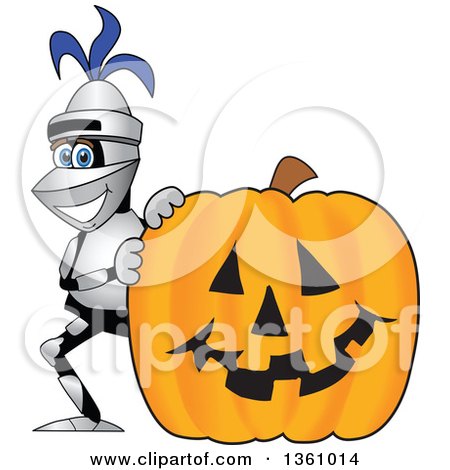 Clipart of a Lancer School Mascot Smiling by a Halloween Jackolantern Pumpkin - Royalty Free Vector Illustration by Mascot Junction