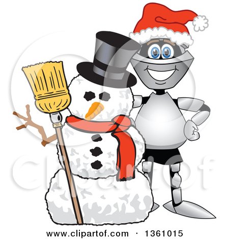Clipart of a Lancer School Mascot Wearing a Santa Hat and Smiling by a Christmas Snowman - Royalty Free Vector Illustration by Mascot Junction