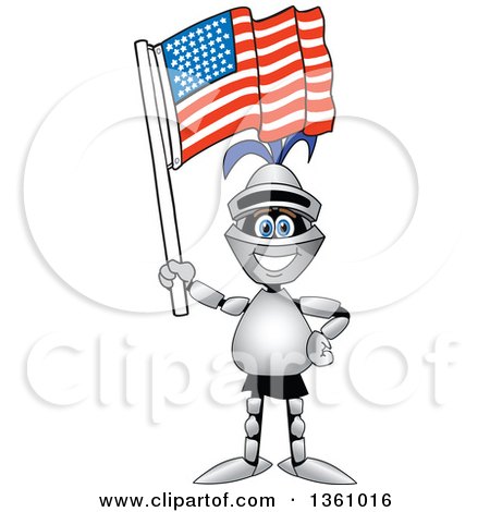 Clipart of a Lancer School Mascot Holding up an American Flag - Royalty Free Vector Illustration by Mascot Junction