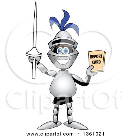 Clipart of a Lancer School Mascot Student Holding up a Lance and a Report Card - Royalty Free Vector Illustration by Mascot Junction