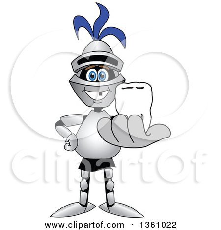 Clipart of a Lancer School Mascot Holding out a Tooth That Fell out - Royalty Free Vector Illustration by Mascot Junction