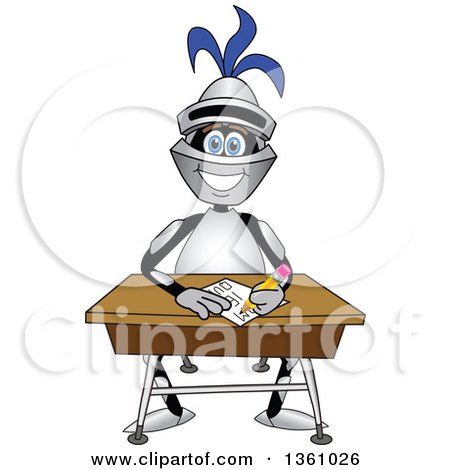 Clipart of a Lancer School Mascot Student Writing at a Desk - Royalty Free Vector Illustration by Mascot Junction