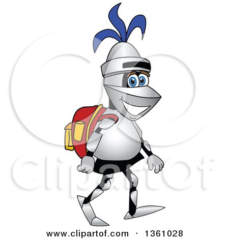 Clipart of a Lancer School Mascot Student Walking with a Backpack - Royalty Free Vector Illustration by Mascot Junction
