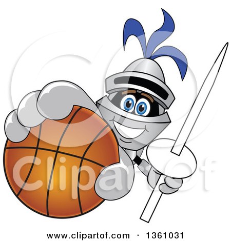 Clipart of a Lancer School Mascot Holding up a Lance and Basketball - Royalty Free Vector Illustration by Mascot Junction
